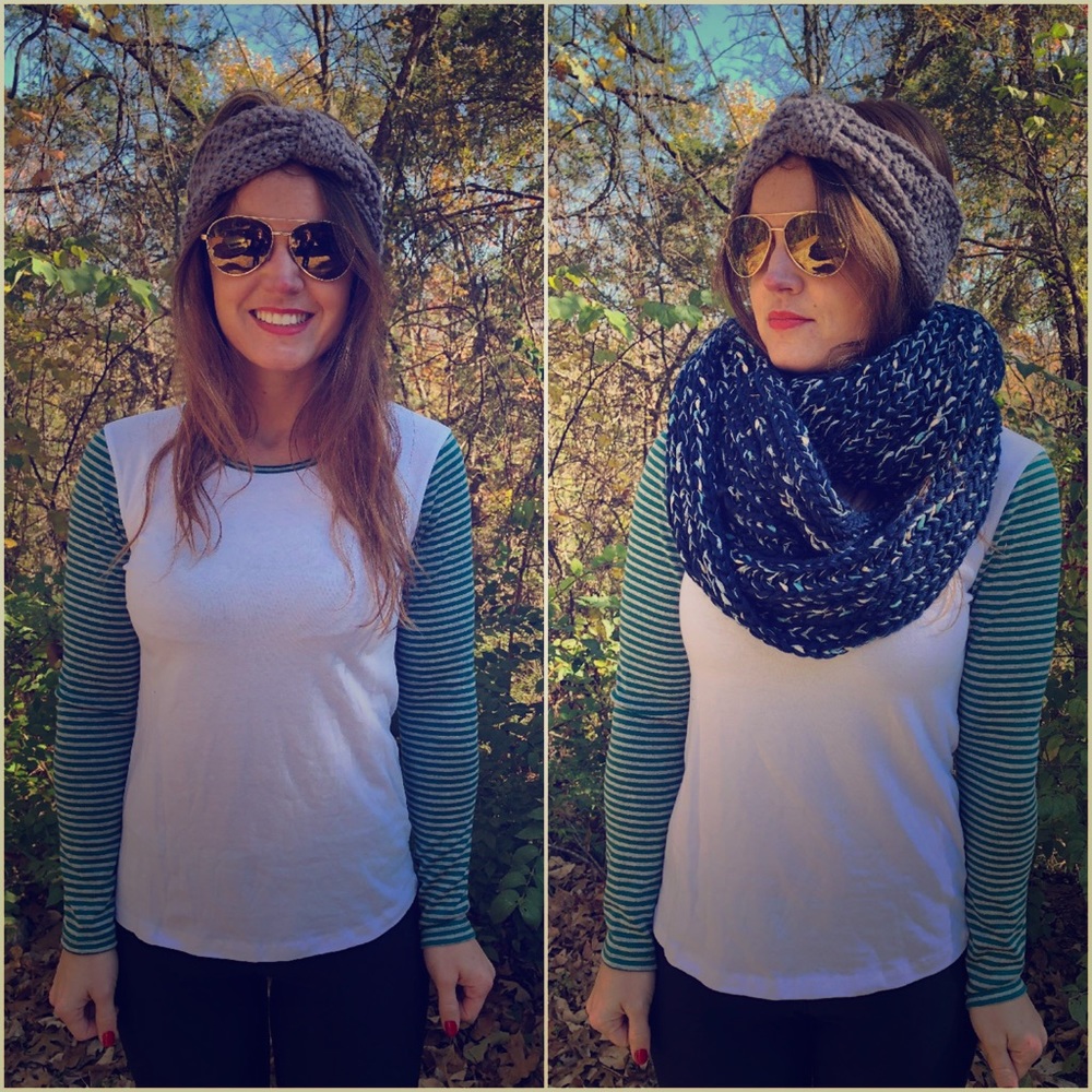 White Long Sleeve Top with Grey & Green Stripes